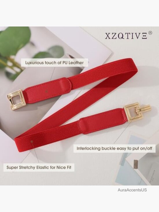2 Pack Women Stretchy Cinch Belt Thin Elastic Waist Belt with Retro Gold Buckle main image 6